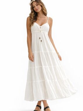 Chelsea & Theodore Boho White Flowy Tiered Maxi Dress S